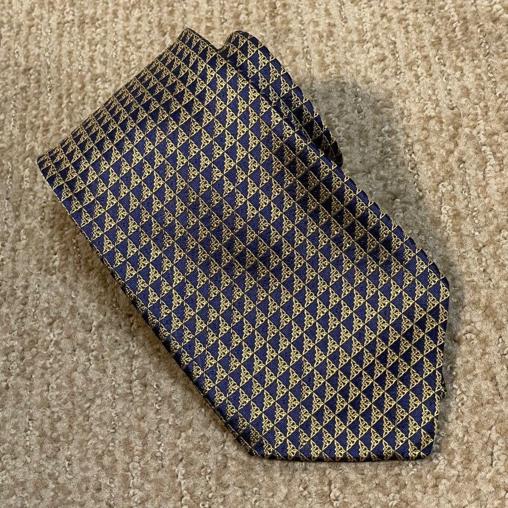 Patrick Francis Silk Tie‎ Mens Navy Gold Celtic Knot Geometric Ireland 62x3.75